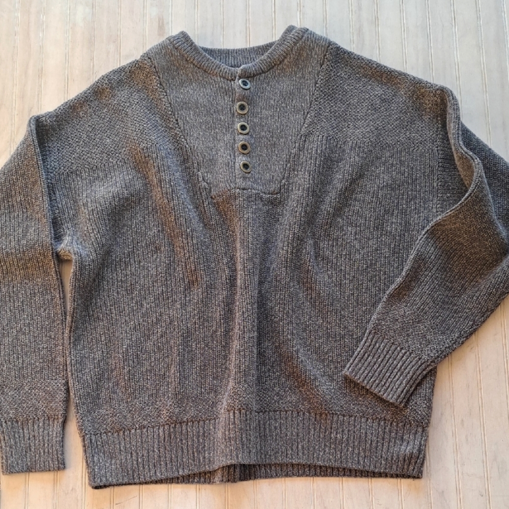 Red Head Henley Knit Sweater Brown Tweed Cotton Blend Comfy Classic Timeless